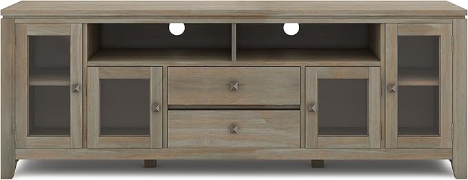 SIMPLIHOME Cosmopolitan SOLID WOOD Universal TV Media Stand, 72 inch Wide, Contemporary, Living Room Entertainment Center with Storage, for Flat Screen TVs up to 80 inches in Distressed Grey - LeafyLoom