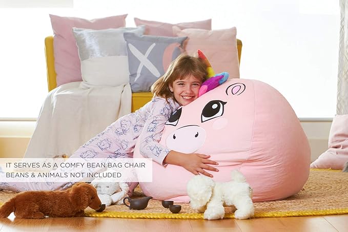 Aubliss Stuffed Animal Storage Bean Bag Chair Cover - Large Stuff 'n Sit Storage Organization for Kids - Toy Storage Bag - Chair Gifts for Girls (Large, Pink) - LeafyLoom