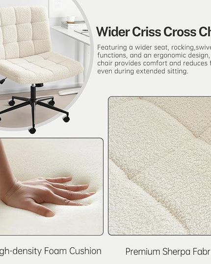 Furniliving Wide Desk Chair, Faux Fur Upholstered Office Chair with Wheels, Adjustable Accent Chair with Thicken Seat, Computer Chair for Living Room, Study Room, Home Office, IvoryWhite - LeafyLoom