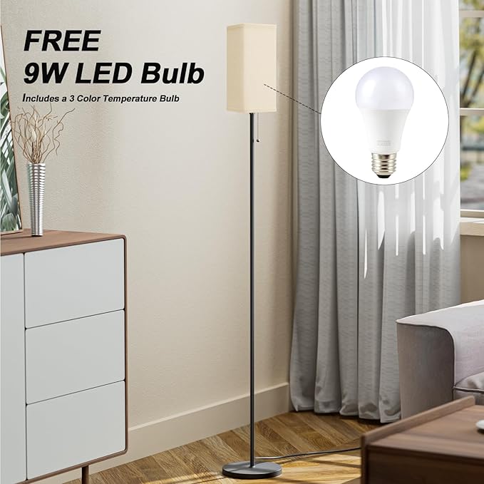 Floor Lamps for Living Room Bedroom - 3 Color Temperature Silver Floor Lamp Set of 2, Modern Standing Lamps with Pull Chain Switch Beige Shade, Tall Lamp for Corner Office(2 Pack) - LeafyLoom