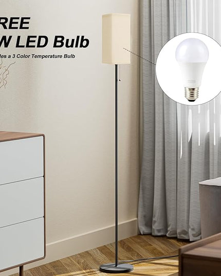 Beige Floor Lamps for Living Room - 3 Color Temperature Black Standing Lamps with Pull Chain Switch, Modern Tall Lamp for Office Home Nursery and Hotel, Pole Lamp for Reading - LeafyLoom