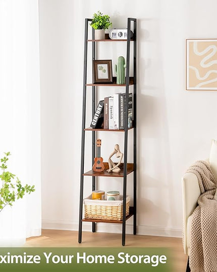Yoobure Ladder Shelf, 5 Tier Tall Ladder Bookshelf Corner Shelf, Industrial Book Shelf Ladder Bookcase Narrow, Standing Storage Shelves Display Shelf for Bedroom Living Room Office Kitchen Bathroom - LeafyLoom