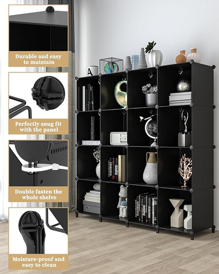 FUNLAX Cube Storage Shelf, 16 Storage Cubes Closet Organizers and Storage Portable Cube Storage Organizer Plastic Bookshelf Bookcase for Study Room, Bedroom, Office, Black - LeafyLoom