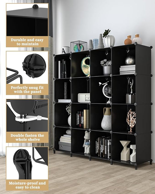 FUNLAX Cube Storage Shelf, 16 Storage Cubes Closet Organizers and Storage Portable Cube Storage Organizer Plastic Bookshelf Bookcase for Study Room, Bedroom, Office, Black - LeafyLoom