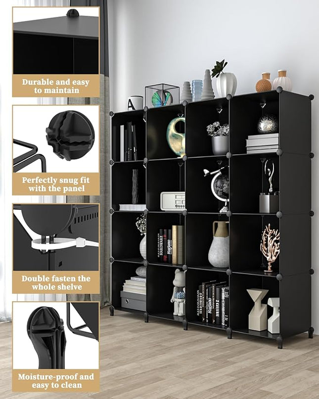 FUNLAX Cube Storage Shelf, 16 Storage Cubes Closet Organizers and Storage Portable Cube Storage Organizer Plastic Bookshelf Bookcase for Study Room, Bedroom, Office, Black - LeafyLoom