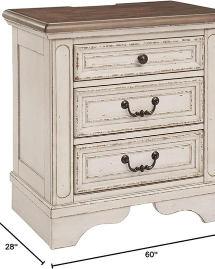 Signature Design by Ashley Realyn French Country 60" Home Office Lift Top Desk with USB Charging, Chipped White and 3 Drawer Nightstand with Electrical Outlets & USB Ports, Chipped White - LeafyLoom