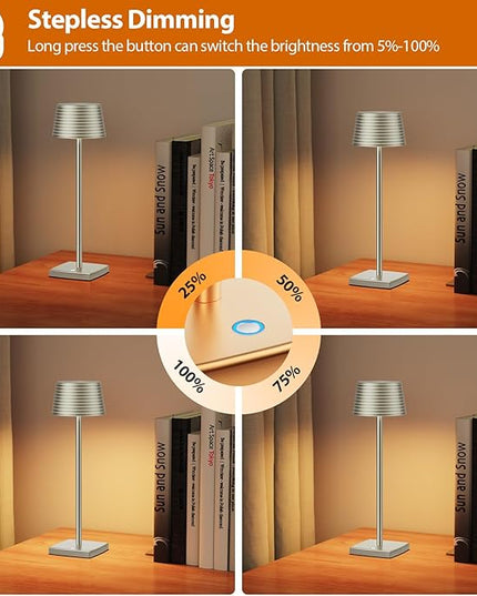 Rechargeable Cordless Table Lamp, Battery 6000mAh Metal Aluminum Housing USB LED Portable Powered Desk Lamp, 3 Levels Brightness Night Light for Restaurants Bars Outdoor (Silver) - LeafyLoom