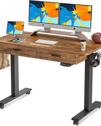 BANTI 55'' Adjustable Height Electric Standing Desk with Double Drawer, Stand Up Home Office Desk with Splice Tabletop, Rustic Brown - LeafyLoom