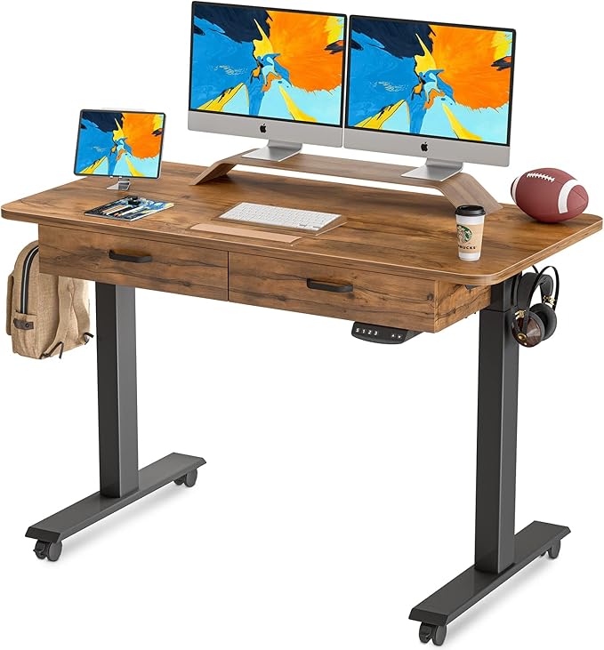 BANTI 55'' Adjustable Height Electric Standing Desk with Double Drawer, Stand Up Home Office Desk with Splice Tabletop, Rustic Brown - LeafyLoom