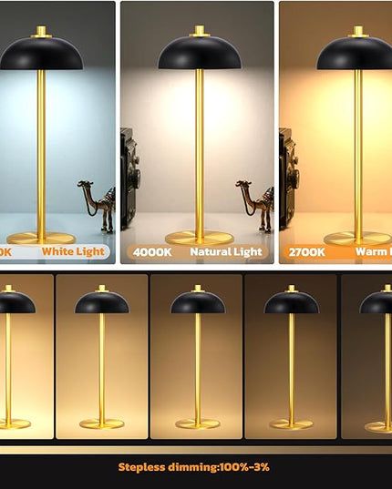 Rechargeable Cordless Table Lamp 2 Pack - 5000mAh Battery Powered Lamp, 3 Color Stepless Dimming LED Table Light with Memory Function, for outdoor, Dinner, Patio, Home, Restaurant.(Black and Gold) - LeafyLoom