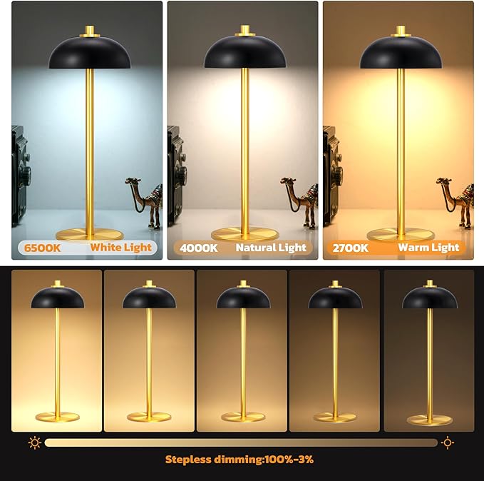 Rechargeable Cordless Table Lamp 2 Pack - 5000mAh Battery Powered Lamp, 3 Color Stepless Dimming LED Table Light with Memory Function, for outdoor, Dinner, Patio, Home, Restaurant.(Black and Gold) - LeafyLoom