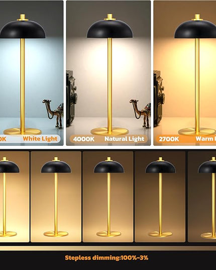Rechargeable Cordless Table Lamp - 5000mAh Battery Powered Lamp, 3 Color Stepless Dimming LED Table Light with Memory Function, for Outdoor, Dinner, Patio, Home, Restaurant.(Black and Gold) - LeafyLoom
