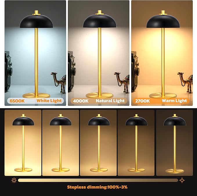 Rechargeable Cordless Table Lamp - 5000mAh Battery Powered Lamp, 3 Color Stepless Dimming LED Table Light with Memory Function, for Outdoor, Dinner, Patio, Home, Restaurant.(Black and Gold) - LeafyLoom