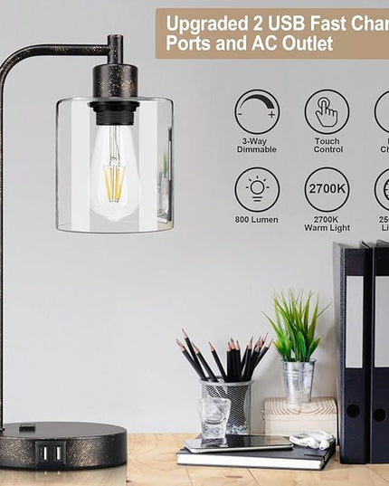 Industrial Touch Table Lamps Set of 2 - Rustic Black Bedside Lamps with 2 USB Ports & AC Outlet, 3-Way Dimmable Nightstand Desk Lamp for Bedroom Living Room Farmhouse, Glass Shade & LED Bulbs Included - LeafyLoom