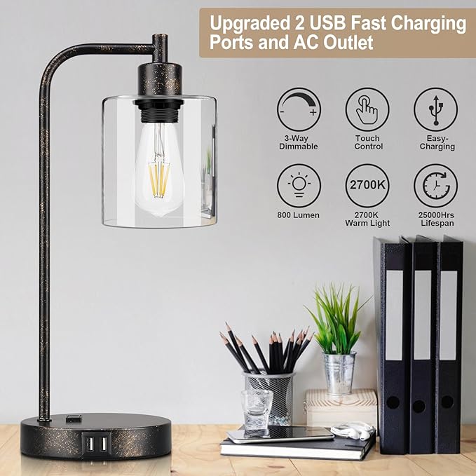 Industrial Touch Table Lamps Set of 2 - Rustic Black Bedside Lamps with 2 USB Ports & AC Outlet, 3-Way Dimmable Nightstand Desk Lamp for Bedroom Living Room Farmhouse, Glass Shade & LED Bulbs Included - LeafyLoom