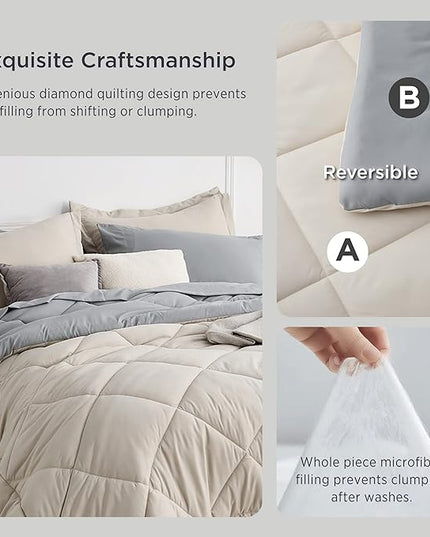 Bedsure Beige Twin Comforter Sets - 5 Pieces Reversible Twin Bedding Sets for College, Beige Extra Long Bed Set Twin with Comforters, Sheets, Pillowcase & Sham - LeafyLoom