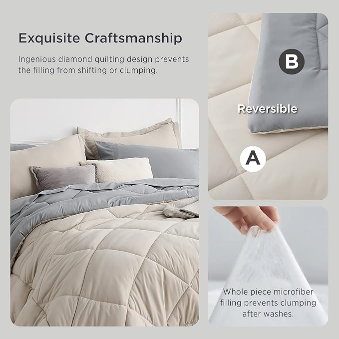 Bedsure Beige Twin Comforter Sets - 5 Pieces Reversible Twin Bedding Sets for College, Beige Extra Long Bed Set Twin with Comforters, Sheets, Pillowcase & Sham - LeafyLoom