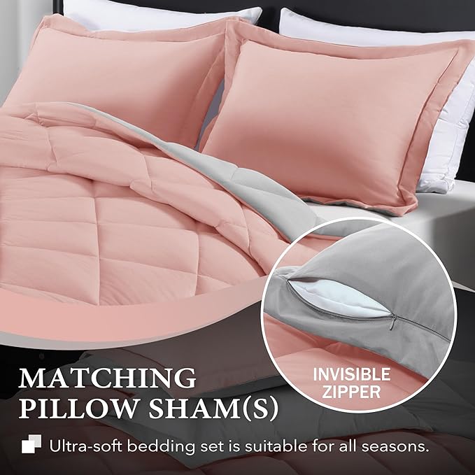 downluxe King Size Comforter Set - Pink and Grey King Comforter, Soft Bedding Sets for All Seasons -3 Pieces - 1 Comforter (104"x92") and 2 Pillow Shams(20"x36") - LeafyLoom
