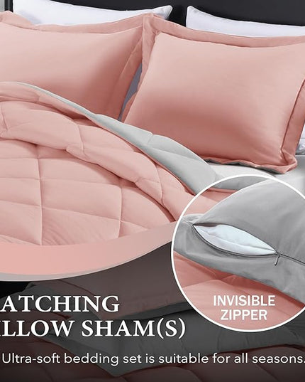downluxe Queen Comforter Set - Pink and Grey Queen Comforter, Soft Bedding Sets for All Seasons - 3 Pieces - 1 Comforter (88"x92") and 2 Pillow Shams(20"x26") - LeafyLoom