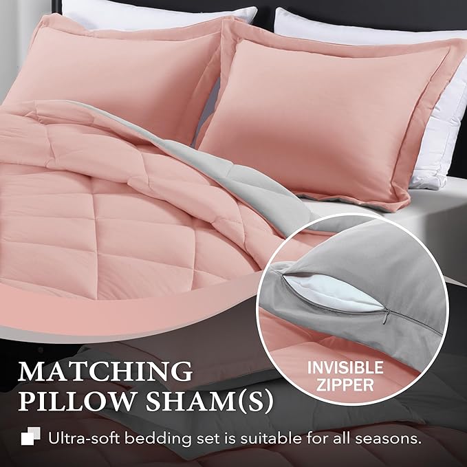downluxe Queen Comforter Set - Pink and Grey Queen Comforter, Soft Bedding Sets for All Seasons - 3 Pieces - 1 Comforter (88"x92") and 2 Pillow Shams(20"x26") - LeafyLoom