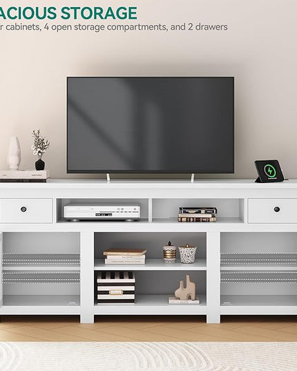YITAHOME Farmhouse TV Stand, Entertainment Center with Power Outlet for TVs Up to 80 Inch, TV Console with Storage Drawer & Movable Partition, Rustic TV Stand for Living Room, 70" White - LeafyLoom