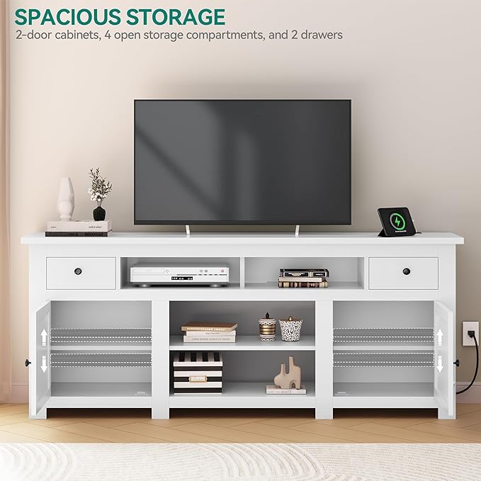 YITAHOME Farmhouse TV Stand, Entertainment Center with Power Outlet for TVs Up to 80 Inch, TV Console with Storage Drawer & Movable Partition, Rustic TV Stand for Living Room, 70" White - LeafyLoom
