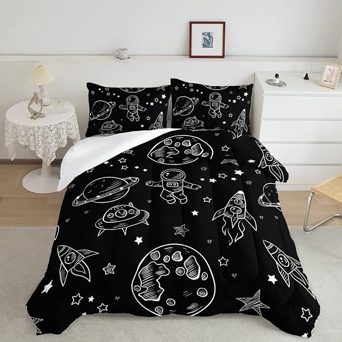 Datura home Kids Space Astronaut Comforter Set for Boys Kids Children,Galaxy Space Ship Astronaut Rocket Printed Bedding Set with 1 Comforter and 2 Pillowcases(Space Galaxy Twin), Twin 68x86inches - LeafyLoom