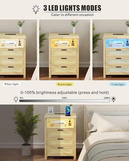 Rattan Nightstand with Charging Station, Night Stand with 3 Drawers and Open Shelf, Bed Side Table with LED Lights for Bedroom, Living Room, Natural Wood - LeafyLoom