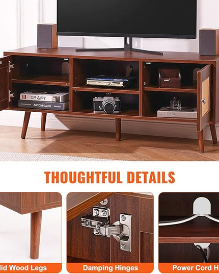 VEVOR Rattan TV Stand, Boho TV Cabinet for 55 inch TV, Mid Century Modern TV Stand, Rattan TV Console with Adjustable Shelfs for Living Room, Media Room, Walnut - LeafyLoom