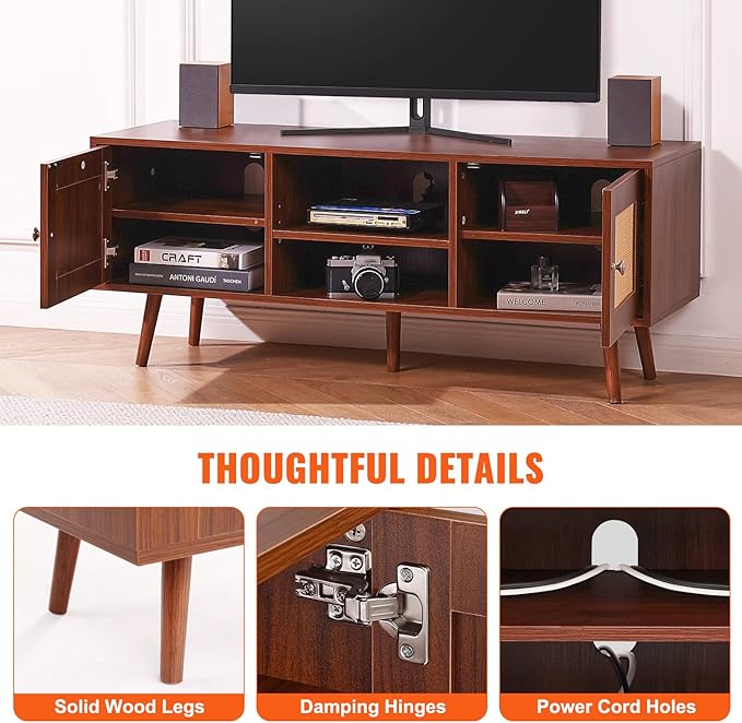VEVOR Rattan TV Stand, Boho TV Cabinet for 55 inch TV, Mid Century Modern TV Stand, Rattan TV Console with Adjustable Shelfs for Living Room, Media Room, Walnut - LeafyLoom
