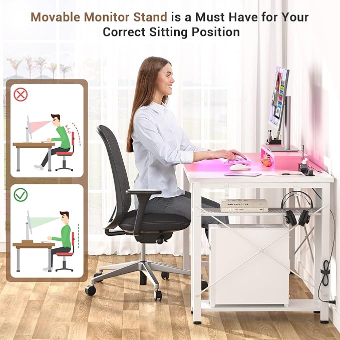 armocity Computer Desk with LED, Gaming Desk with Outlets, 40 Reversible Laptop Table with Monitor Stand, Small Desk for Small Spaces, Pink - LeafyLoom