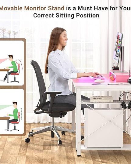 armocity 47 Gaming Computer Desk with LED Lights, Power Outlet and USB, Reversible Laptop Table with Moveable Monitor Stand for Small Spaces, Office, Gaming Room, Pink and White - LeafyLoom