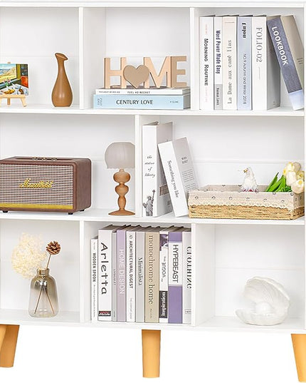 YAHARBO 8 Cube White Bookshelf,3 Tier Book Shelf with Legs,Modern Minimalist Bookcase,Open Book Shelves Storage Organizer,Frees Standing Wooden Display Bookcases for Small Space,Bedroom,Living Room - LeafyLoom