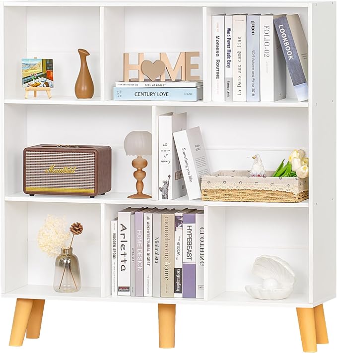 YAHARBO 8 Cube White Bookshelf,3 Tier Book Shelf with Legs,Modern Minimalist Bookcase,Open Book Shelves Storage Organizer,Frees Standing Wooden Display Bookcases for Small Space,Bedroom,Living Room - LeafyLoom