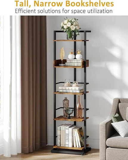 Bookshelf 5-Tier Book shelf - Narrow Wood Bookcase Tall Corner Book Shelves Storage Organizer Display Book Rack for Living Room Bedroom Office Home (Rustic Brown) - LeafyLoom