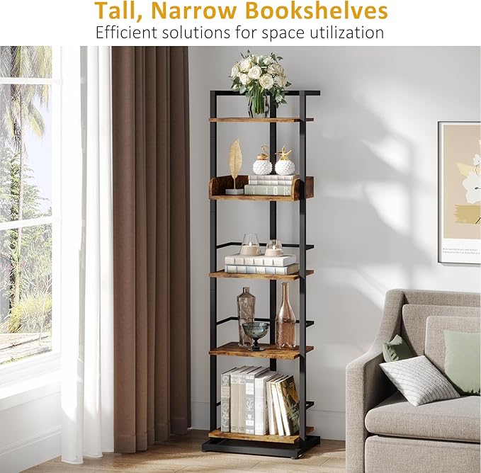 Bookshelf 5-Tier Book shelf - Narrow Wood Bookcase Tall Corner Book Shelves Storage Organizer Display Book Rack for Living Room Bedroom Office Home (Rustic Brown) - LeafyLoom