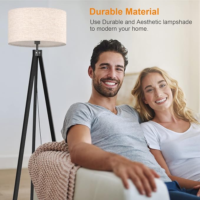 LEPOWER Wood Floor Lamp Tripod, Modern Design Mid Century Standing Lamps for Living Room,Bedroom and Office, Flaxen Lamp Shade with E26 Lamp Base Black - LeafyLoom