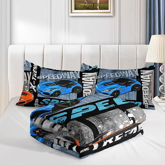 Datura home Sports Car Comforter Set Vintage Racing Car Printed Quilt Bedding Set with 1 Comforter and 2 Pillowcases for Boys and Girls Bedroom All Season(Sports Car Twin) - LeafyLoom