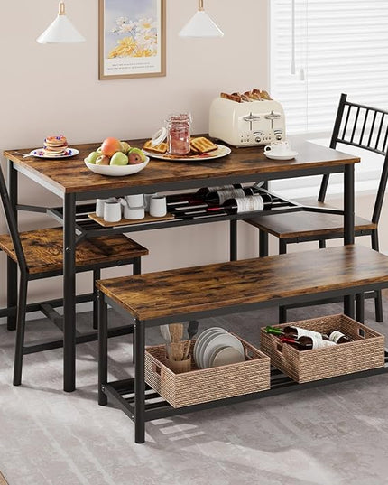 IDEALHOUSE Dining Table Set for 4, Kitchen Table and Chairs for 4 with Storage Bench, Rectangular Kitchen Table Set with Wine Rack, Dining Room Table Set for Small Space, Apartment, Retro Brown - LeafyLoom