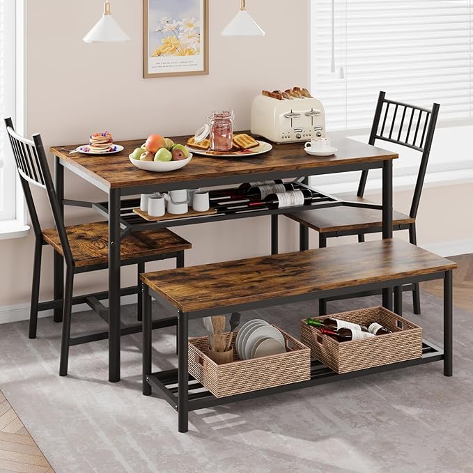 IDEALHOUSE Dining Table Set for 4, Kitchen Table and Chairs for 4 with Storage Bench, Rectangular Kitchen Table Set with Wine Rack, Dining Room Table Set for Small Space, Apartment, Retro Brown - LeafyLoom