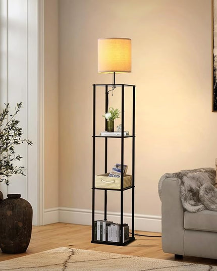 Moooni Modern Floor Lamp with Shelves Black Shelf Floor Lamp with White Linen Shape Corner Storage Floor Lamp for Living Room Bedroom Office - LeafyLoom