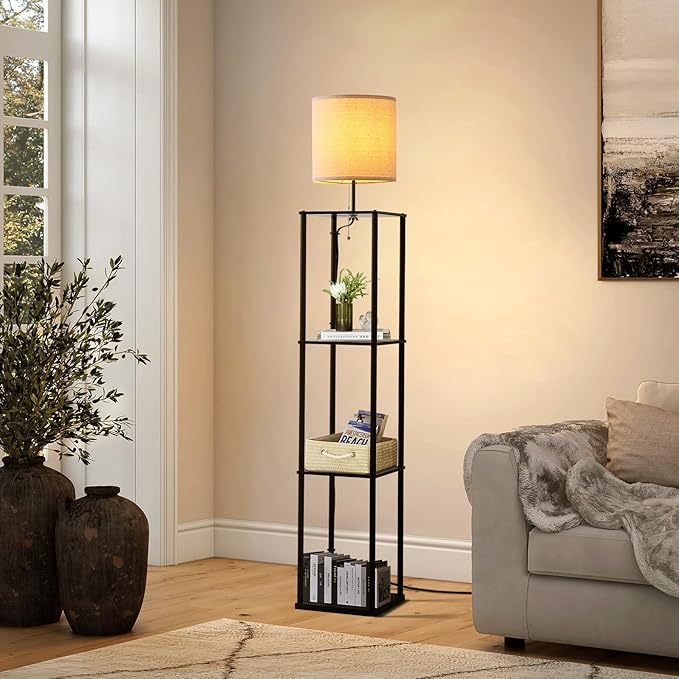 Moooni Modern Floor Lamp with Shelves Black Shelf Floor Lamp with White Linen Shape Corner Storage Floor Lamp for Living Room Bedroom Office - LeafyLoom