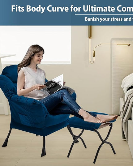 Lazy Chair with Folding Ottoman, Accent Chair Velvet Upholstered with Metal Structure and Non-Slip Pads, Sofa Armchair with Footrest and Side Storage Bag for Dorm, Room, Office, Blue - LeafyLoom
