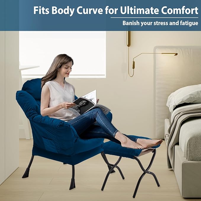 Lazy Chair with Folding Ottoman, Accent Chair Velvet Upholstered with Metal Structure and Non-Slip Pads, Sofa Armchair with Footrest and Side Storage Bag for Dorm, Room, Office, Blue - LeafyLoom