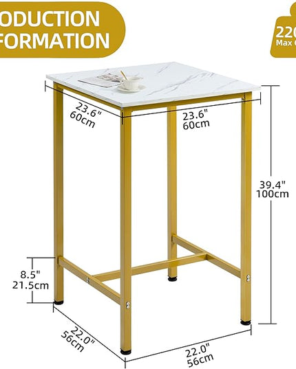 Finnhomy Bar Table, 23.6" Pub Table High Top Table, Square Bar Height Table, Counter Height Cocktail Table, Small Kitchen Table Set for 2, Breakfast for Kitchen, Living Room, White Marble and Gold - LeafyLoom