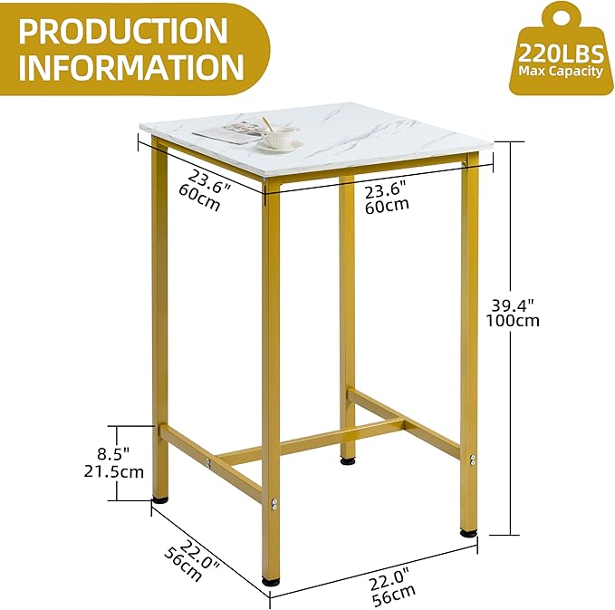 Finnhomy Bar Table, 23.6" Pub Table High Top Table, Square Bar Height Table, Counter Height Cocktail Table, Small Kitchen Table Set for 2, Breakfast for Kitchen, Living Room, White Marble and Gold - LeafyLoom