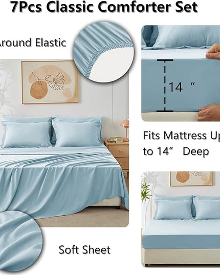 CozyLux Queen Bed in a Bag 7-Pieces Comforter Sets with Comforter and Sheets Light Blue All Season Bedding Sets with Comforter, Pillow Shams, Flat Sheet, Fitted Sheet and Pillowcases - LeafyLoom