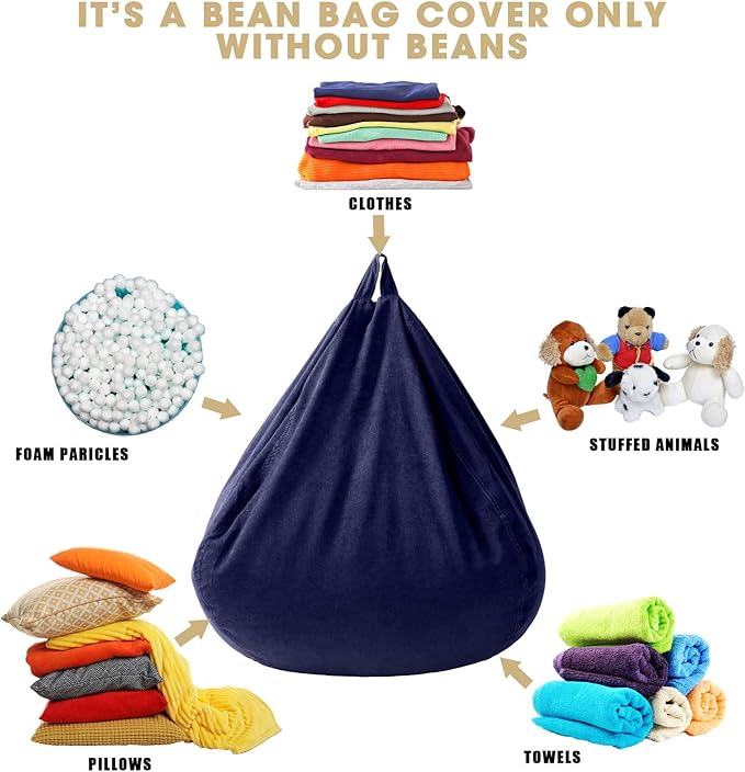 2 Pcs Bean Bag Cover Stuffed Animal Storage Bean Bag Chair Cover Soft Corduroy Stuffed Animal Bean Bag Storage for Kids Adults Indoor Bedroom Organizing Plush Toys (Blue,200l) - LeafyLoom