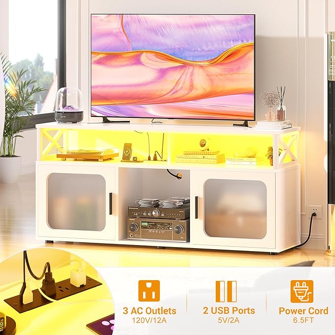 Aheaplus TV Stand for 55 60 Inch TV, Entertainment Center with LED Light & Charging Station, TV Console Table, Large Media Console Cabinet w/Soundbar Shelf, Cord Holes, for Living Room, Bedroom, White - LeafyLoom