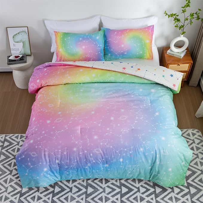 Holawakaka Tie Dye Constellation Print Rainbow Ombre Comforter Set Full Size Girls Boys Gradient Galaxy Bedding Sets Teens Boho Bed Set(Multi,Full) - LeafyLoom